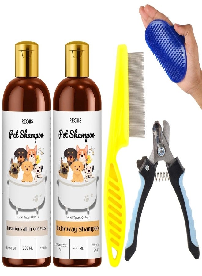 REGIIS Pet Shampoo Set with Grooming Tools, 2 Bottles 200 ML Each, Dog Shampoo with Brush, Comb, Nail Clipper, All-in-One Bath Kit for Dogs(5 Pack) - Image 1